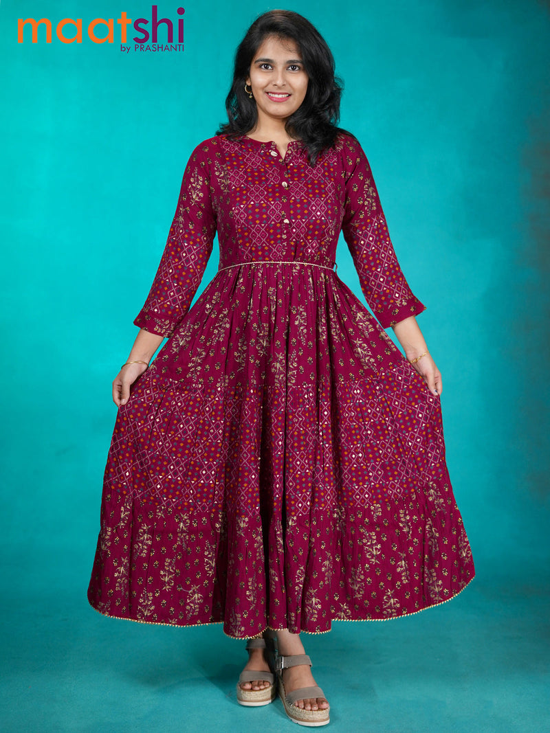 Cotton readymade umbrella kurti dark magenta pink with allover prints & mirror work neck pattern without pant