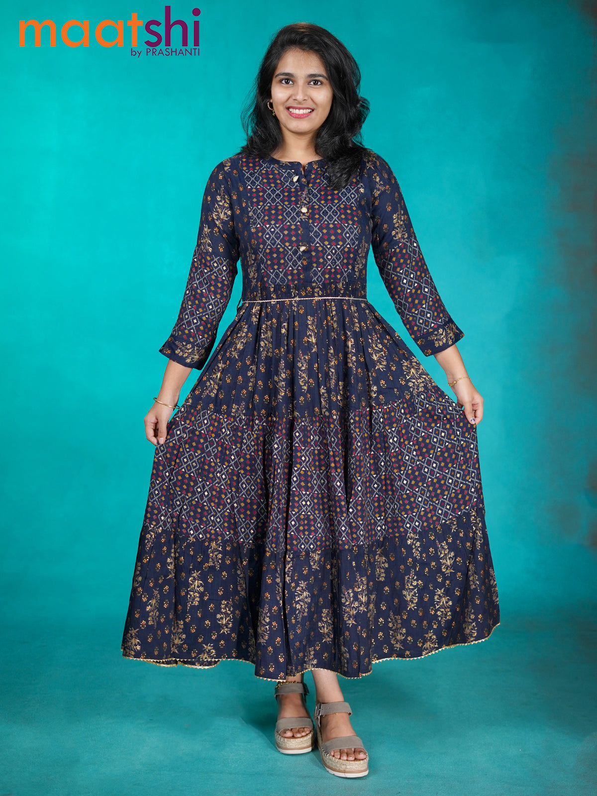 Cotton readymade umbrella kurti dark blue with allover prints & mirror