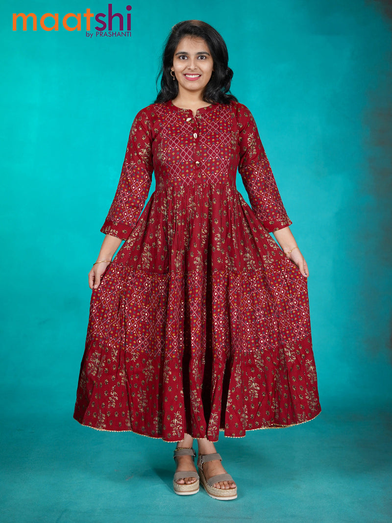 Cotton readymade umbrella kurti maroon with allover prints & mirror work neck pattern without pant