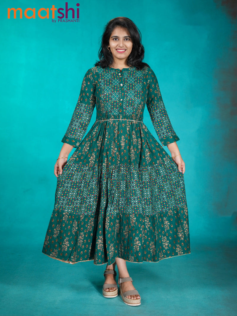 Cotton readymade umbrella kurti peacock green with allover prints & mirror work neck pattern without pant