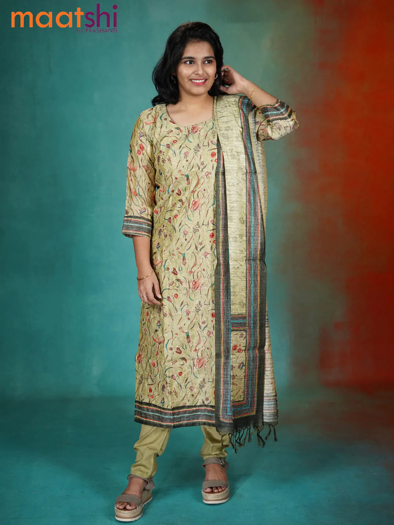 Chanderi readymade kurti set pista green with allover prints & kantha stitch work and straight cut pant & dupatta