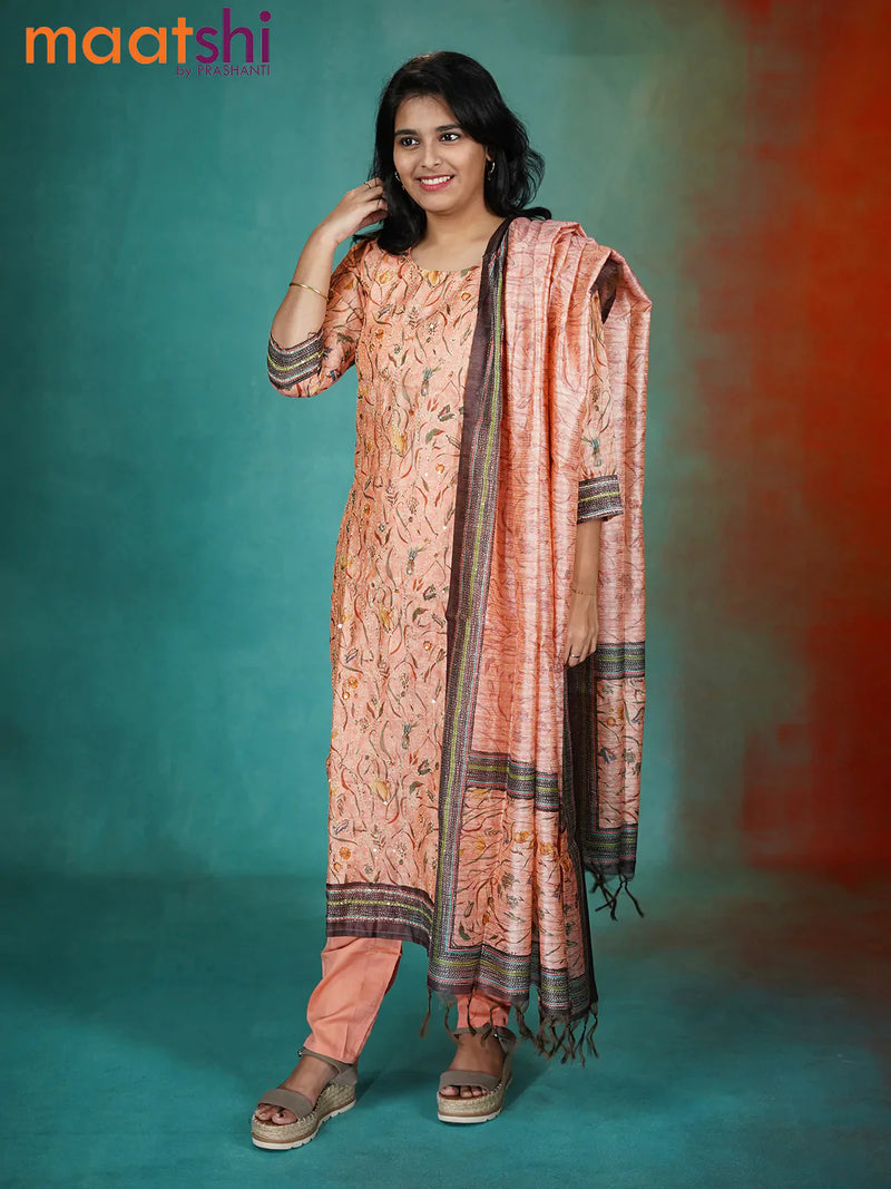 Chanderi readymade kurti set peach orange with allover prints & kantha stitch work and straight cut pant & dupatta