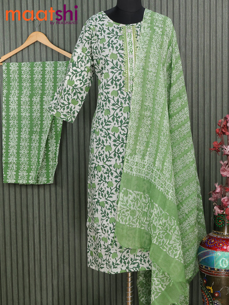 Cotton readymade kurti set green and off white with allover batik prints & simple neck pattern and straight cut pant & dupatta