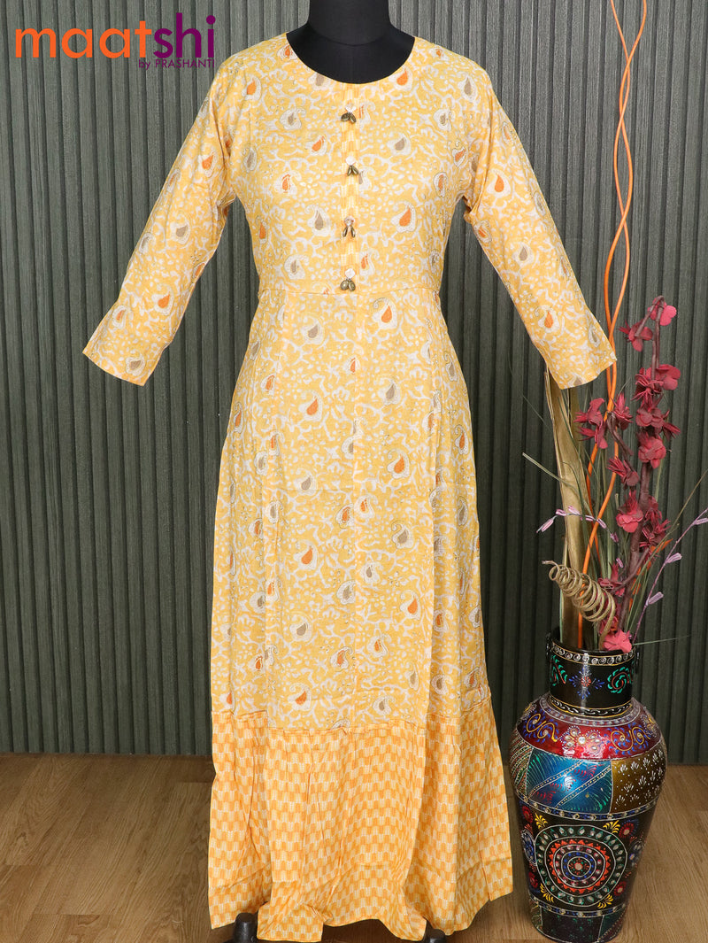 Cotton readymade umbrella kurti yellow with allover batik prints without pant
