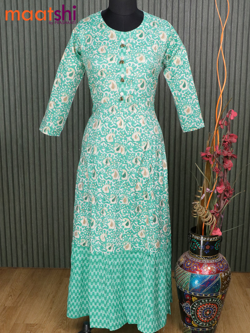 Cotton readymade umbrella kurti teal blue and off white with allover batik prints without pant