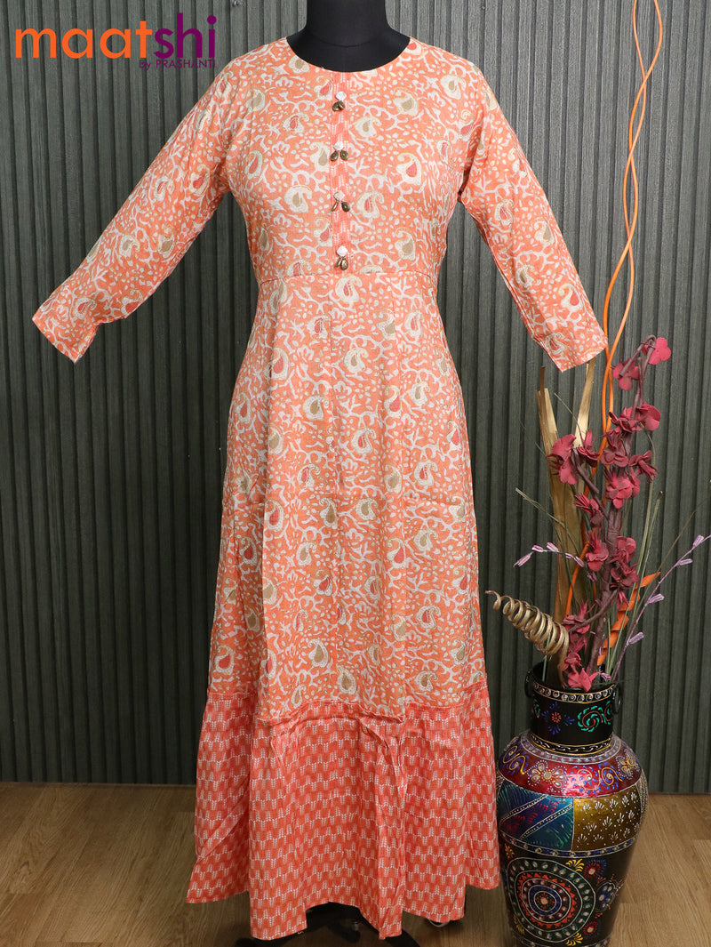 Slub cotton readymade umbrella kurti orange with allover batik prints without pant