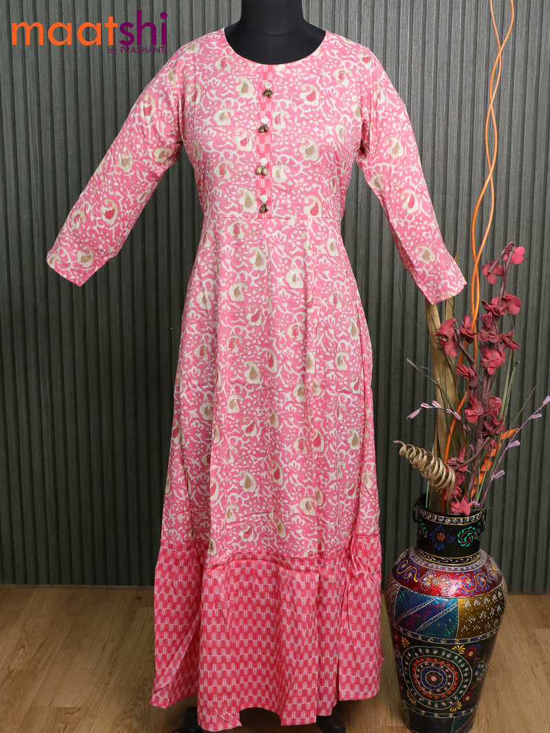 Slub cotton readymade umbrella kurti pink with allover batik prints without pant
