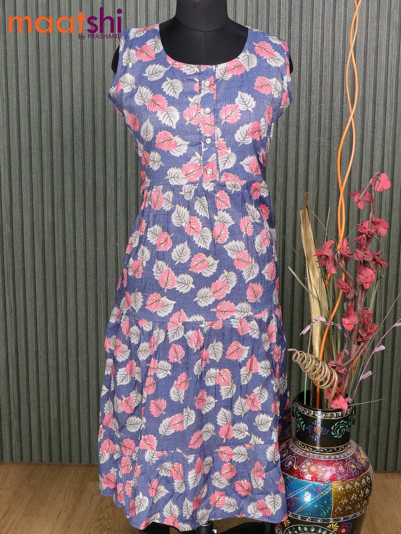 Slub cotton readymade umbrella kurti blue and pink with allover leaf prints without pant & Sleeve attached
