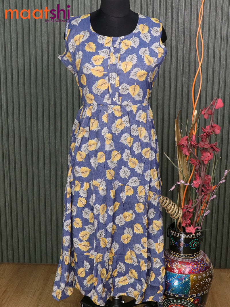 Slub cotton readymade umbrella kurti blue and yellow with allover leaf prints without pant & Sleeve attached