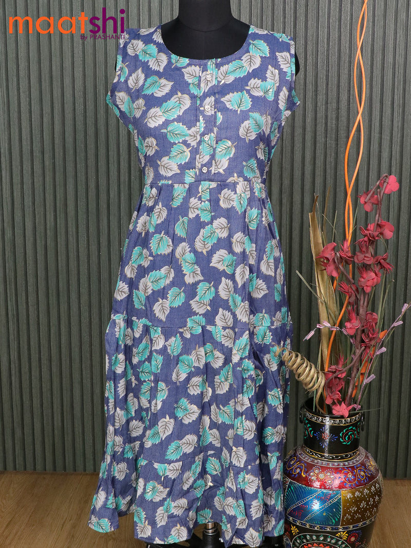 Slub cotton readymade umbrella kurti blue and teal blue with allover leaf prints without pant & Sleeve attached