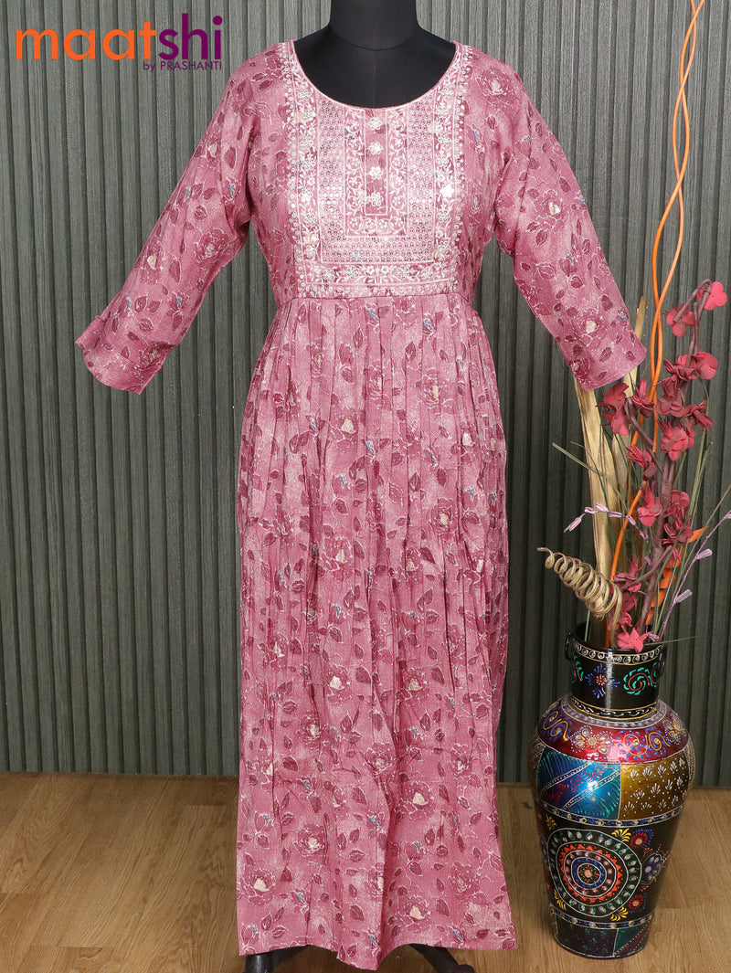 Slub cotton readymade umbrella kurti pink shade with allover prints & sequin work neck pattern without pant
