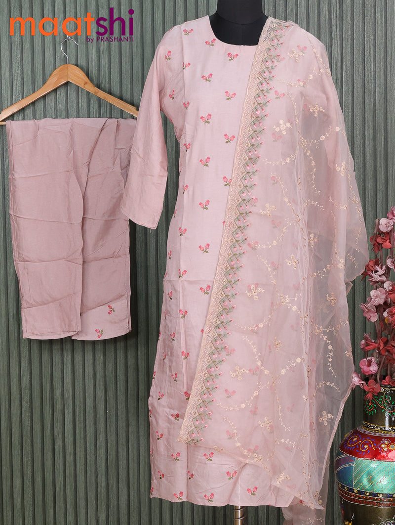 Chanderi readymade kurti set pastel pink with allover floral embroidery work and straight cut pant & tissue dupatta