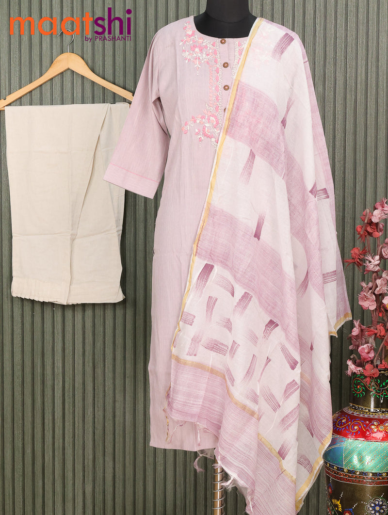 Satin cotton readymade kurti set pastel purple shade with embroidery work neck pattern and straight cut pant & dupatta