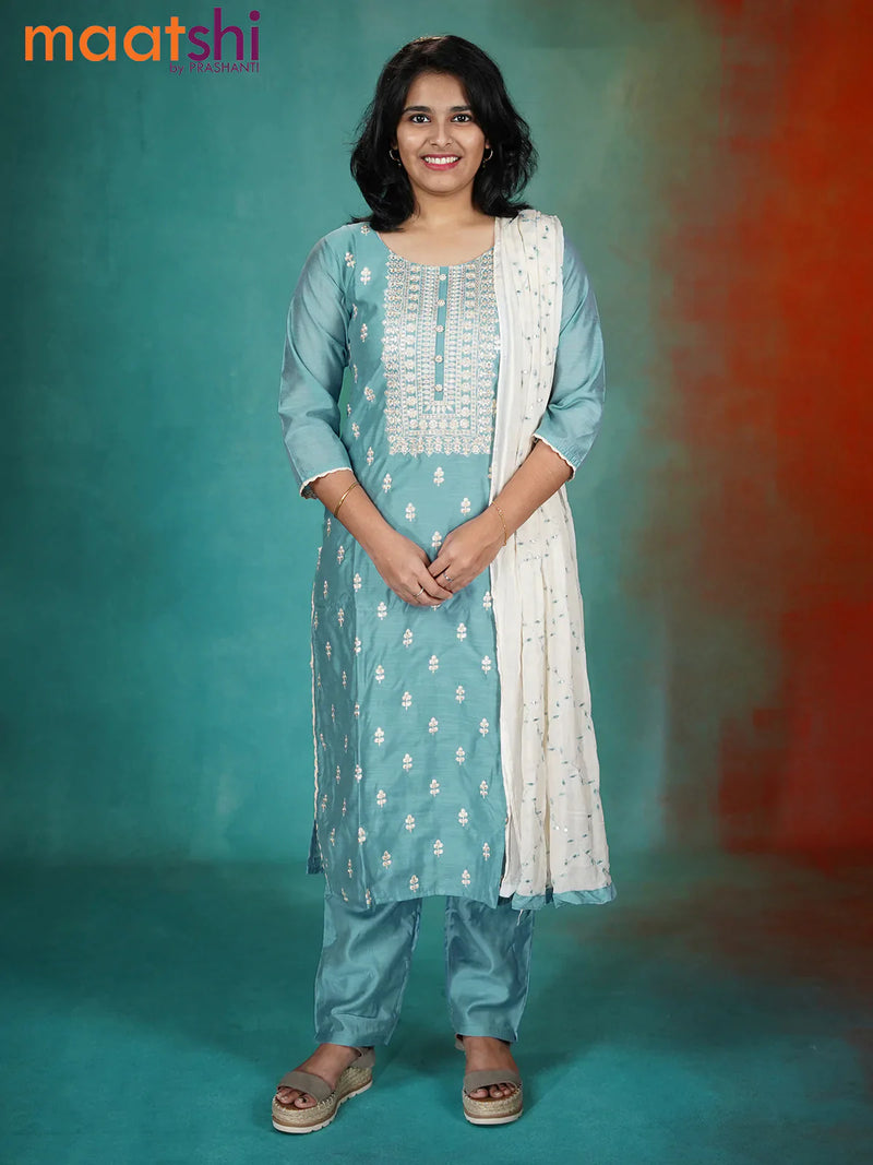 Pure chanderi readymade kurti set light blue shade and off white with allover embroidery & sequin work and straight cut pant & sequin work dupatta