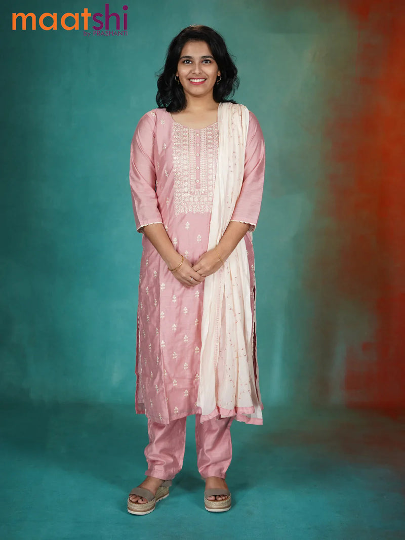 Pure chanderi readymade kurti set light pink shade and off white with allover embroidery & sequin work and straight cut pant & sequin work dupatta