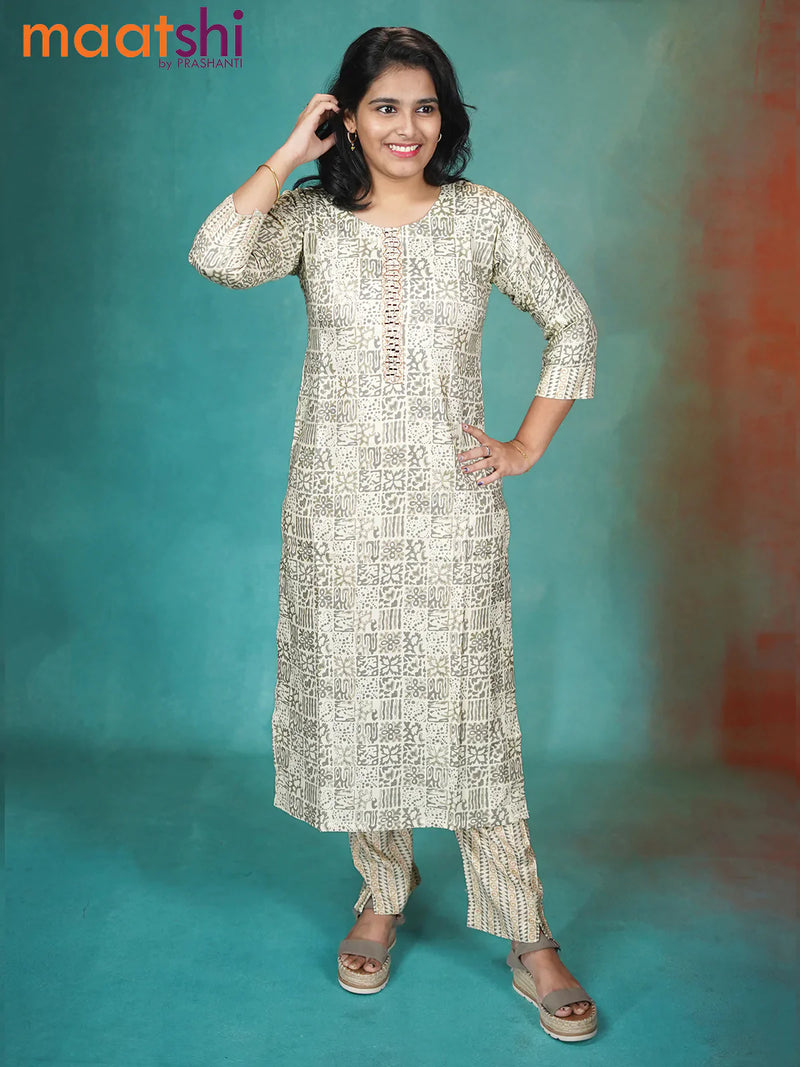 Slub cotton readymade kurti cream and grey with allover prints & mirror work neck pattern and straight cut pant