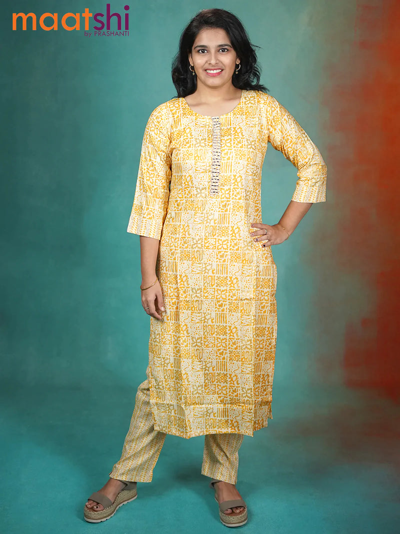 Slub cotton readymade kurti cream and yellow with allover prints & mirror work neck pattern and straight cut pant