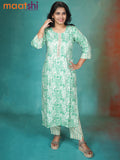 Slub cotton readymade kurti cream and teal green with allover prints & mirror work neck pattern and straight cut pant