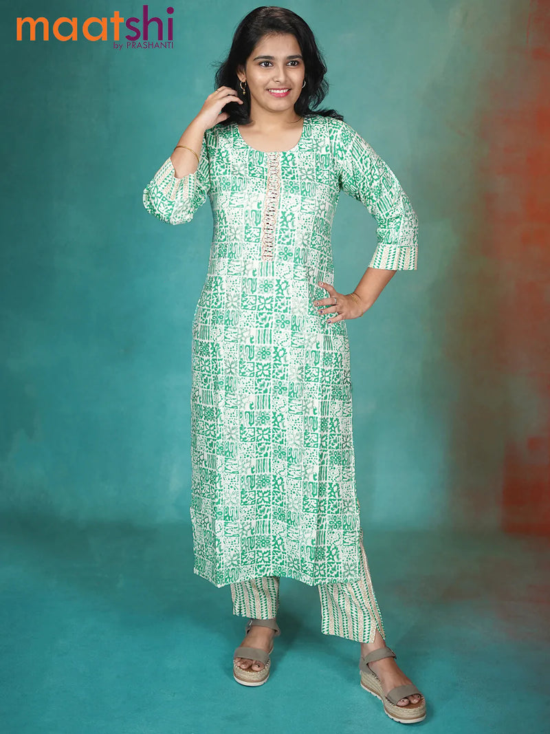 Slub cotton readymade kurti cream and teal green with allover prints & mirror work neck pattern and straight cut pant