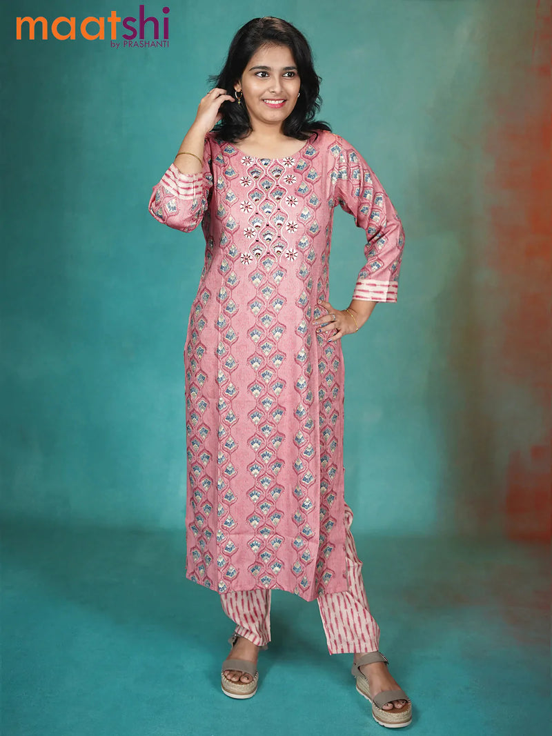 Slub cotton readymade kurti peach pink and cream with allover embroidery & mirror work neck pattern and straight cut pant