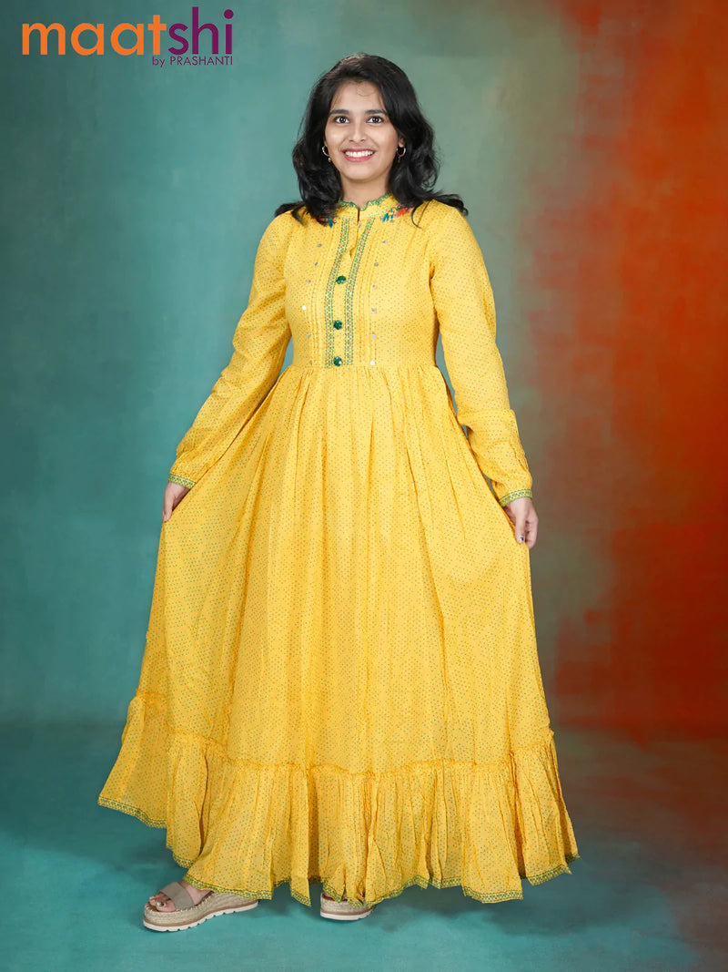 Cotton readymade anarkali kurti yellow with allover prints & embroidery work neck pattern without pant