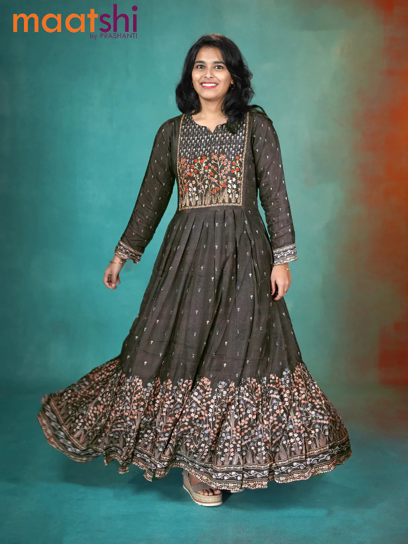 Muslin readymade anarkali kurti grey shade with allover prints & embroidery beaded neck pattern without pant