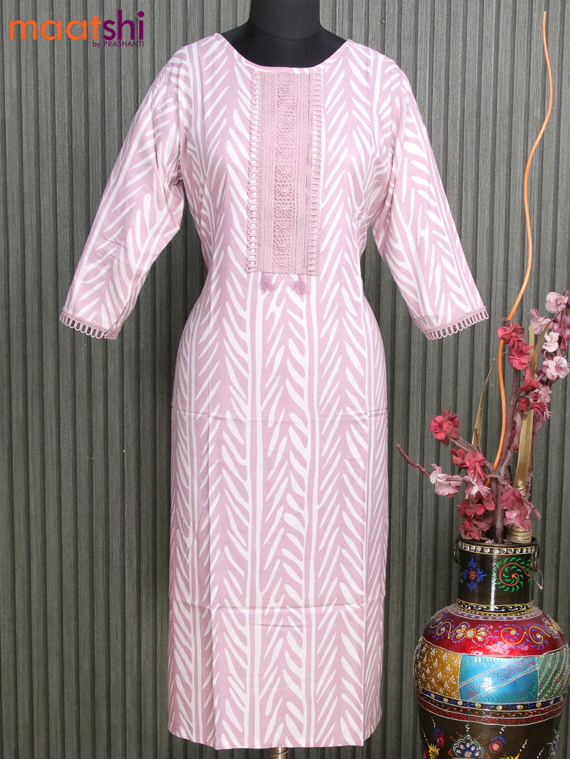 Cotton readymade kurti pastel pink with allover prints & simple patch work neck pattern without pant