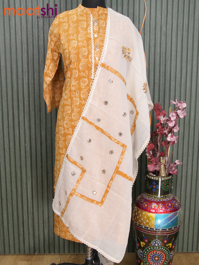 Cotton readymade kurti dark mustard and off white with allover prints & simple croatia patch work neck pattern and cotton dupatta