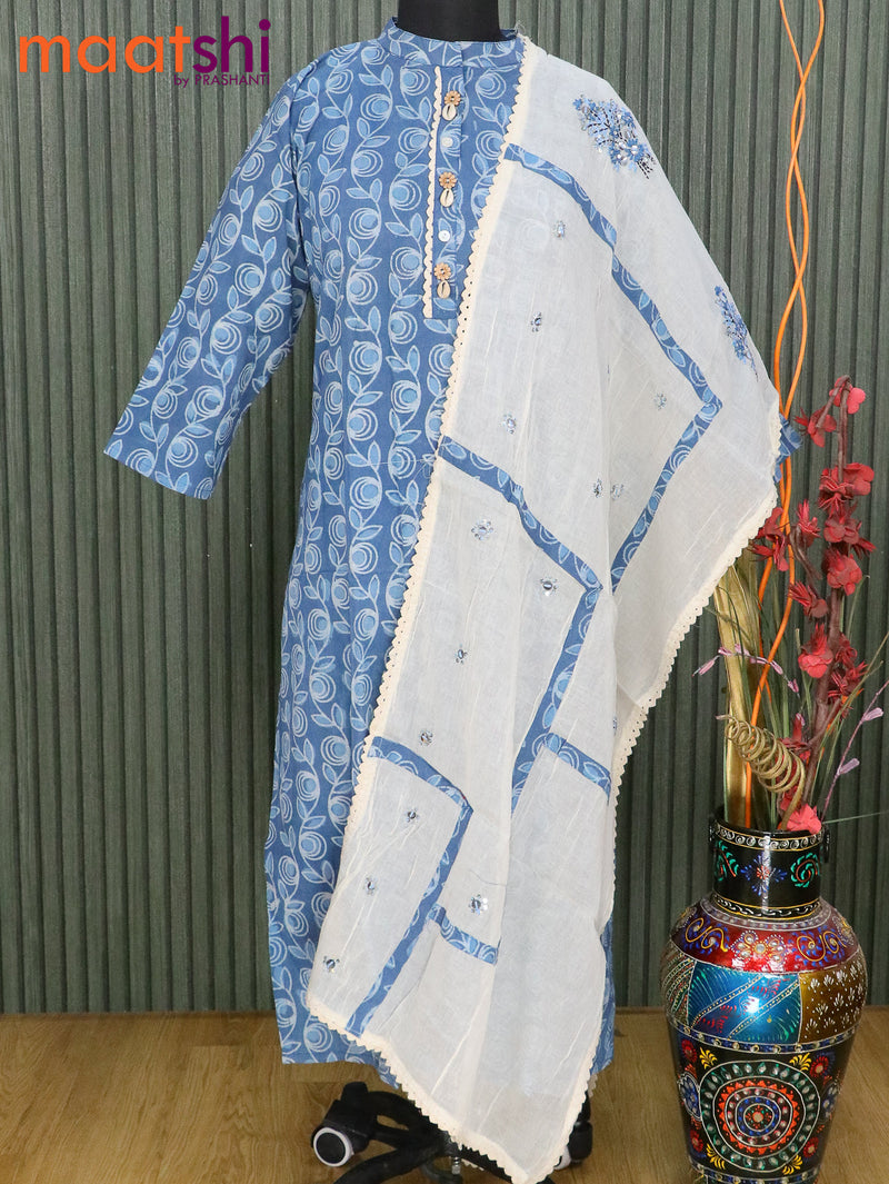 Cotton readymade kurti pastel blue and off white with allover prints & simple croatia patch work neck pattern and cotton dupatta