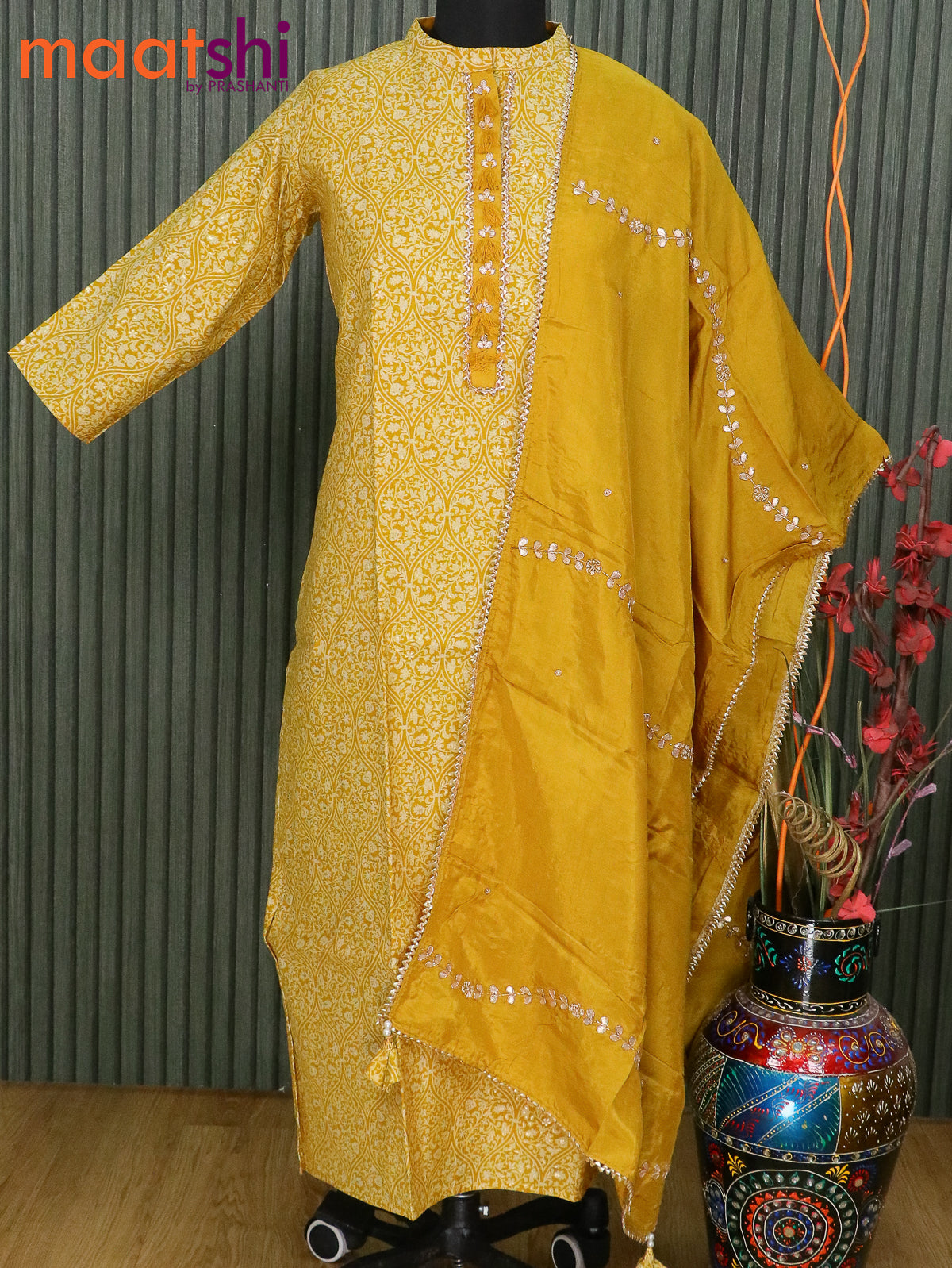 Muslin readymade kurti mustard yellow with allover prints & gotapatti lace patch work neck pattern and gotapatti lace work dupatta