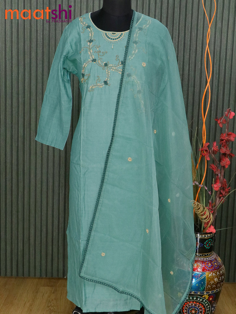 Chanderi readymade kurti pastel green shade with beaded & embroidery work neck pattern and organza dupatta