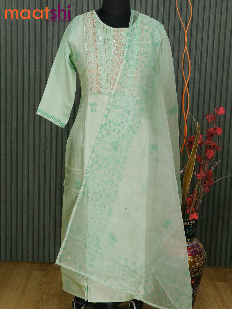 Chanderi readymade kurti teal green shade with floral prints & beaded embroidery work neck pattern and organza dupatta