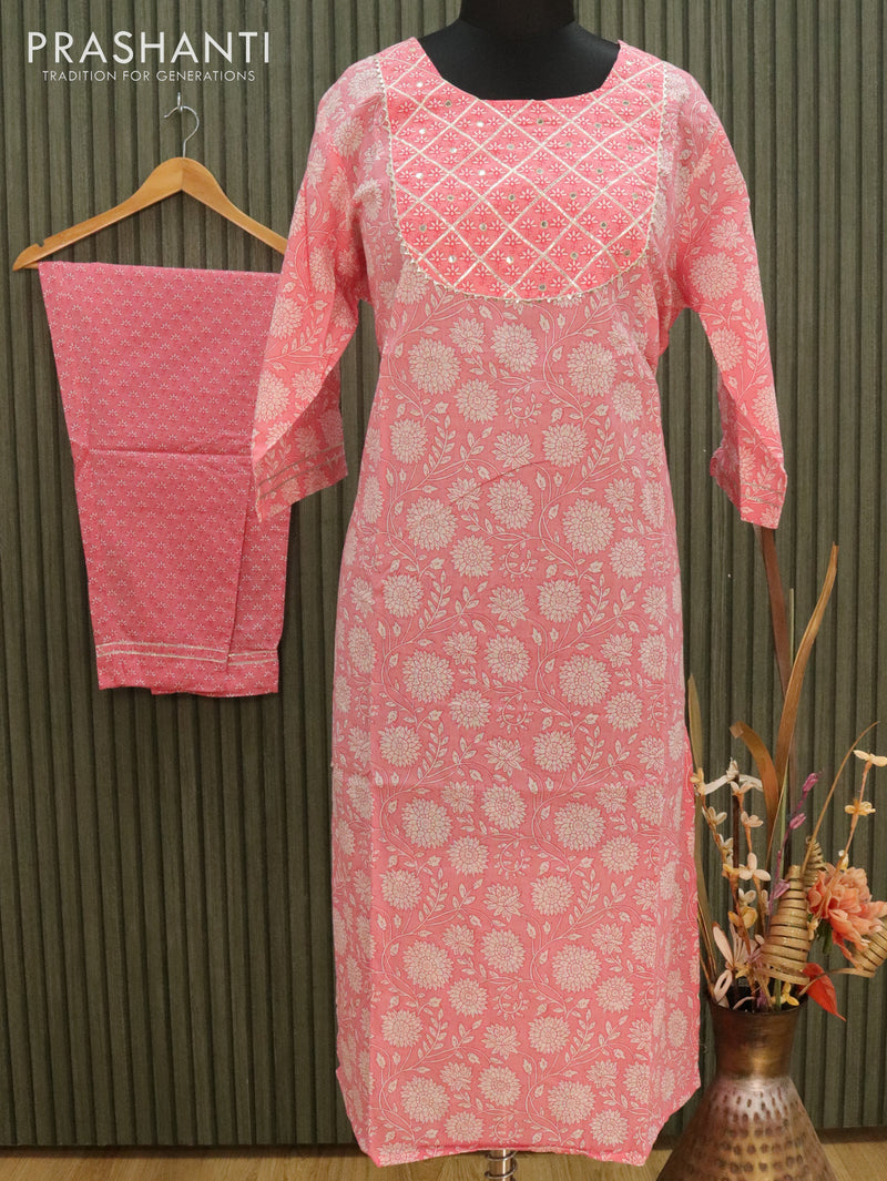 Cotton readymade kurti pink with allover floral prints & mirror work gotapatti lace neck pattern and straight cut pant