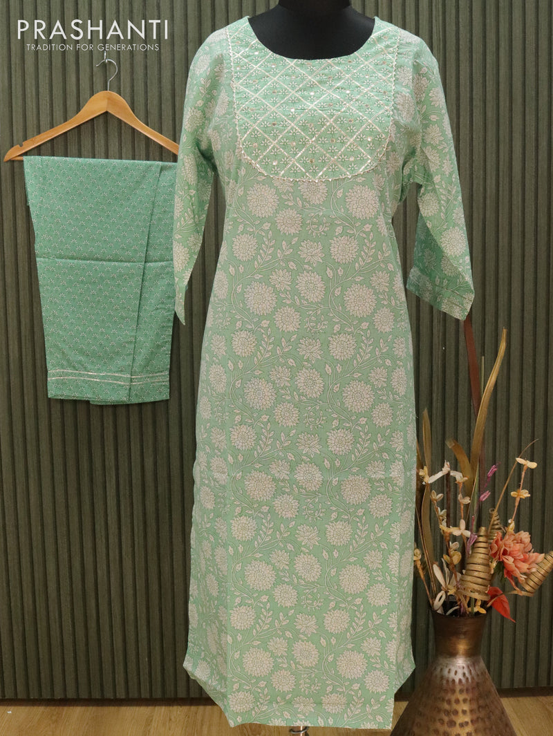 Cotton readymade kurti green shade with allover floral prints & mirror work gotapatti lace neck pattern and straight cut pant