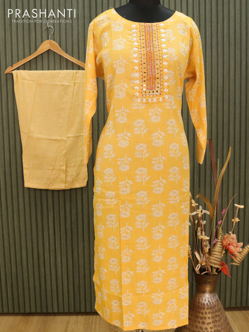 Slub cotton readymade kurti yellow shade with allover prints & mirror work embroided neck pattern and straight cut pant