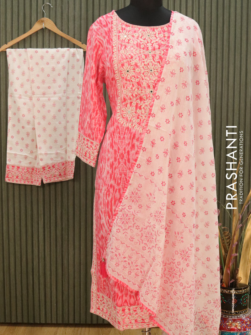 Cotton readymade kurti pink and off white with allover prints & embroided neck pattern and straight cut pant & dupatta