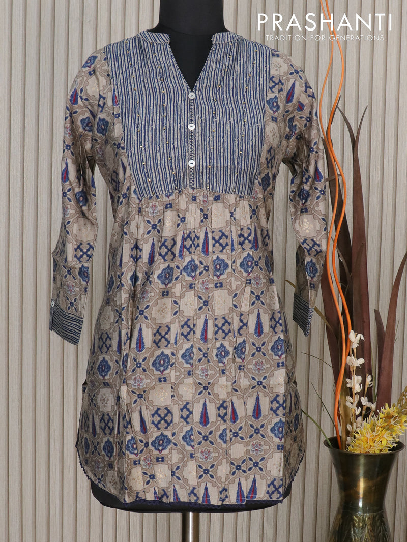 Muslin readymade kurti blue with allover prints & beaded work neck pattern without pant