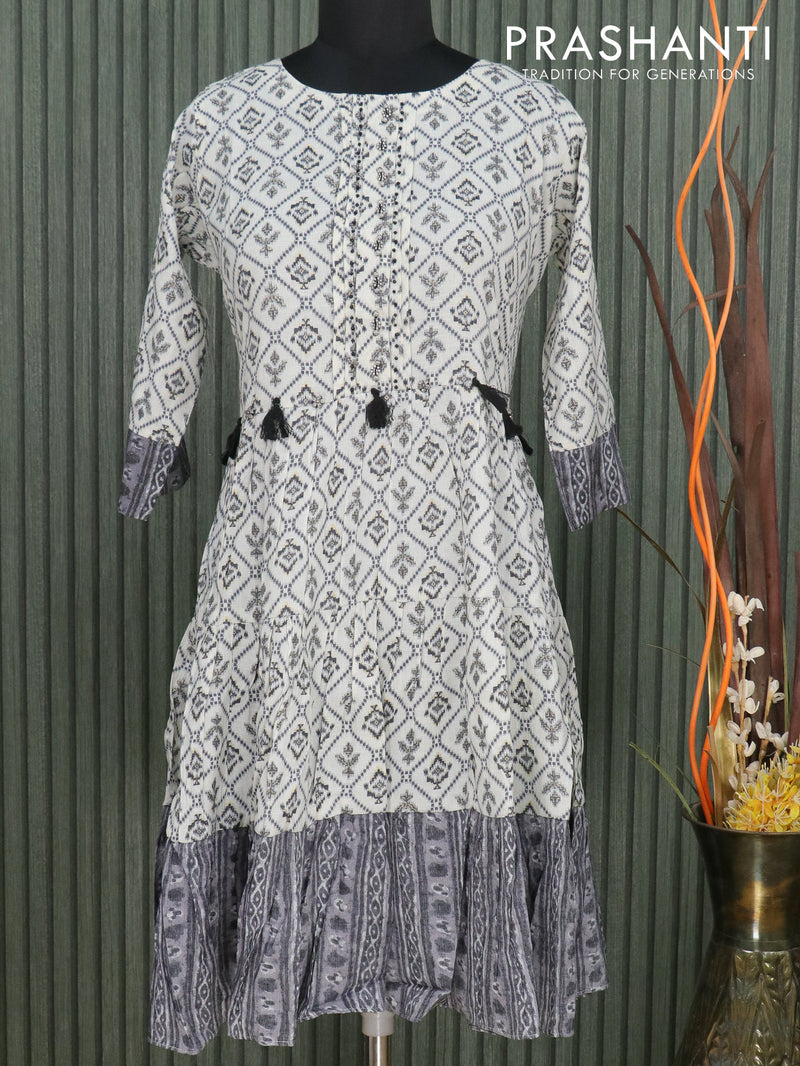 Cotton readymade kurti off white and black with allover prints & beaded work neck pattern without pant
