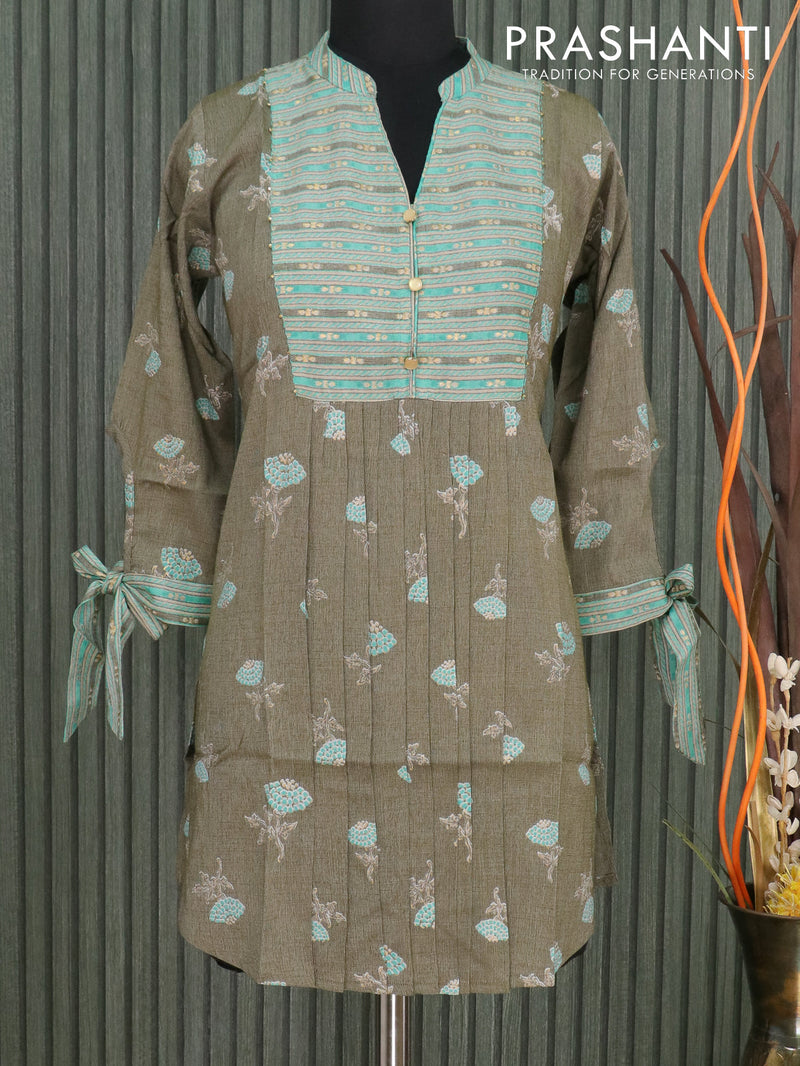 Slub cotton readymade kurti olive green and teal blue with allover prints without pant