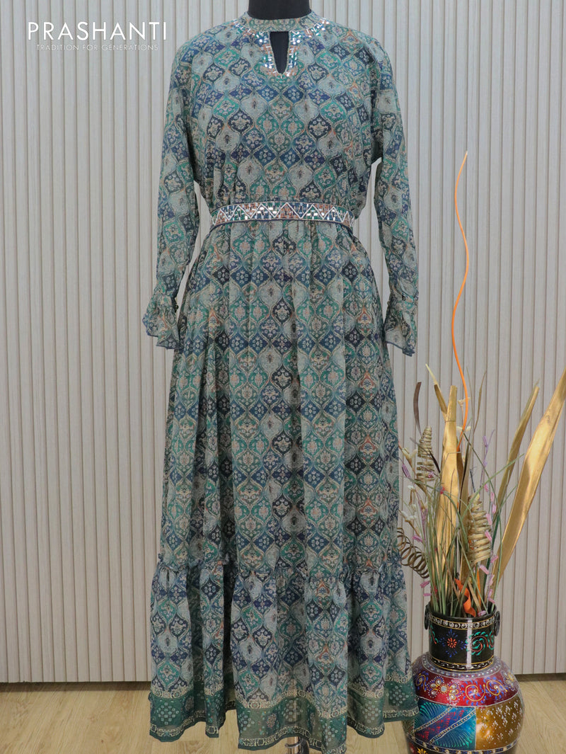 Organza readymade floor length kurti green and blue with mirror & beaded work neck pattern & hip belt beaded without pant