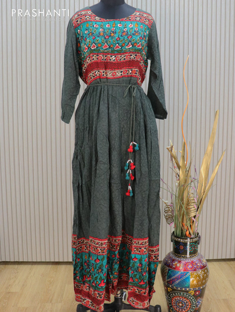 Soft cotton readymade floor length kurti sap green and teal blue with beaded & chamki neck design without pant