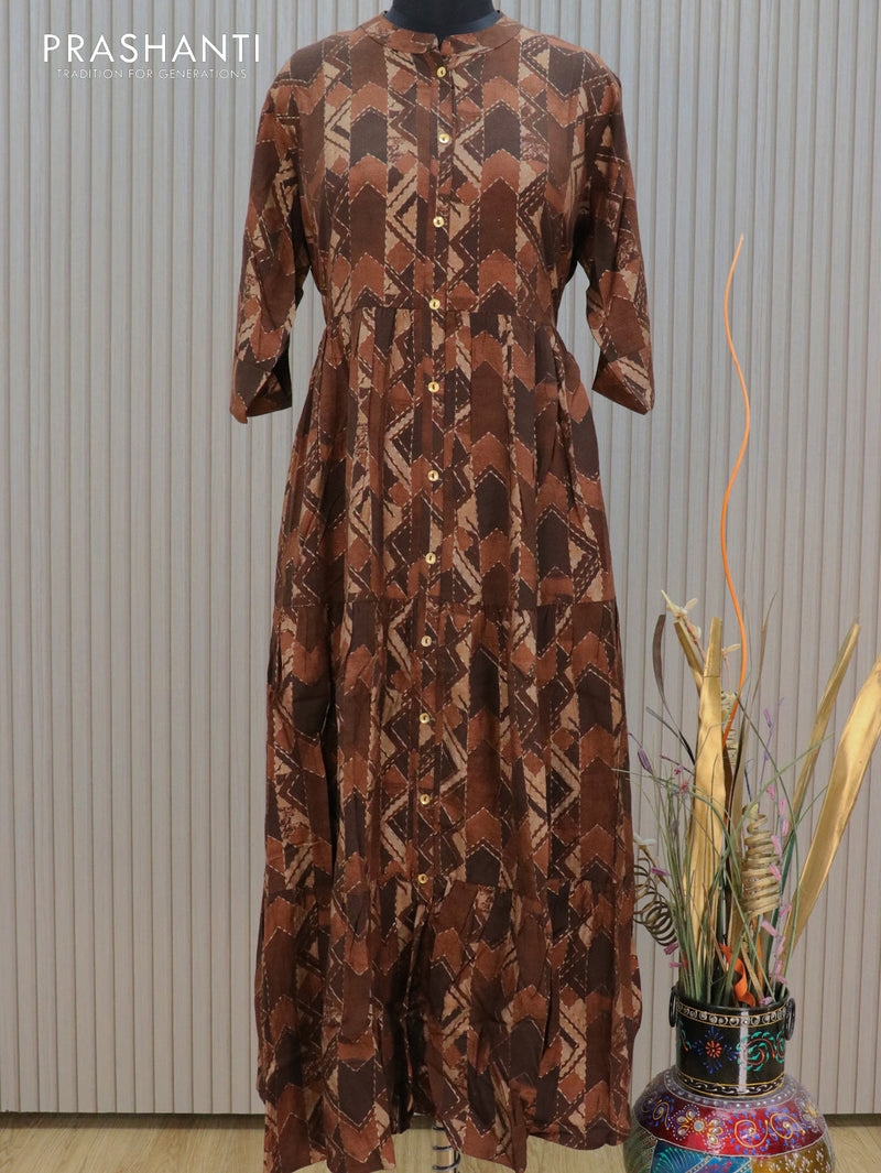 Modal readymade floor length kurti brown with allover geometric prints without pant