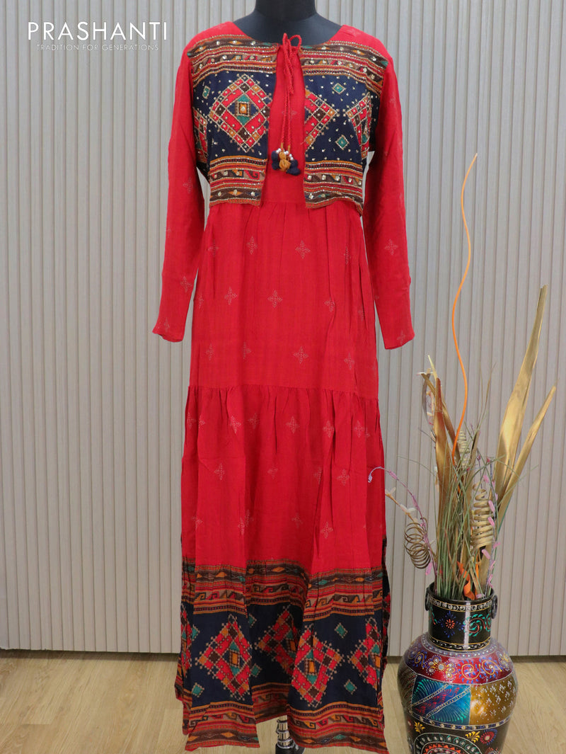 Soft cotton readymade floor length kurti red and navy blue with attached jacket & beaded chamki work without pant
