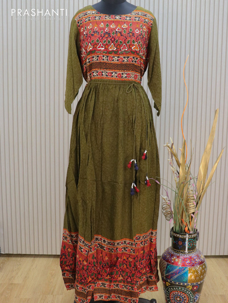 Soft cotton readymade floor length kurti mehendi green with beaded & chamki neck design without pant