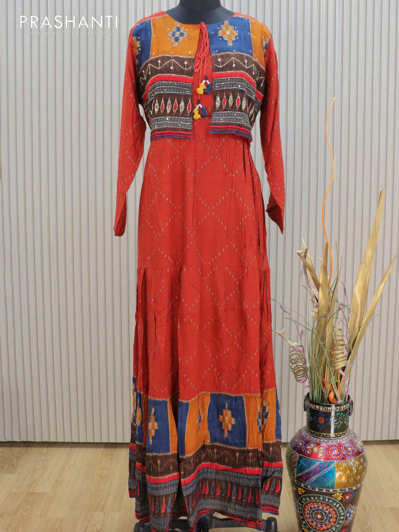 Soft cotton readymade floor length kurti rustic orange and blue with attached jacket & beaded chamki work without pant