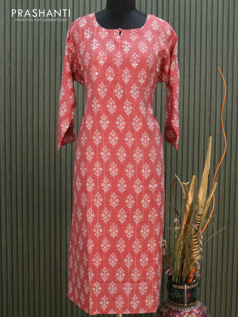 Muslin readymade kurti pastel maroon shade with allover prints & mirror work neck pattern without pant