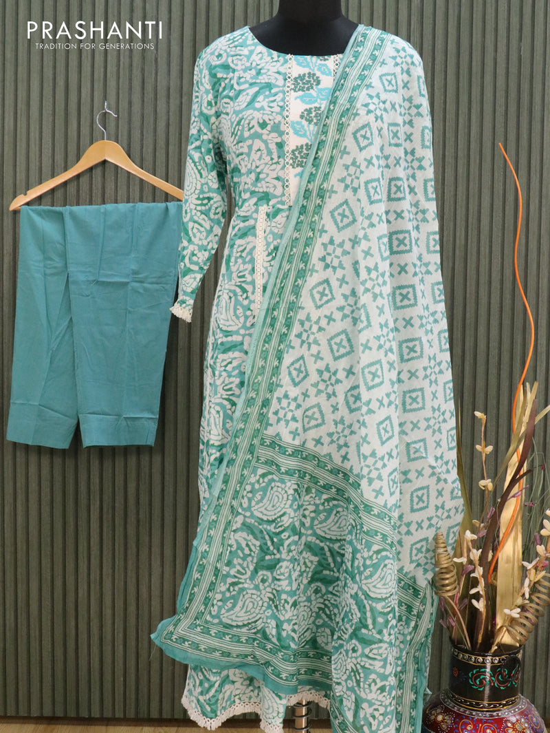 Cotton readymade kurti teal blue and teal green with allover prints & crocia lace work neck pattern and straight cut pant & dupatta