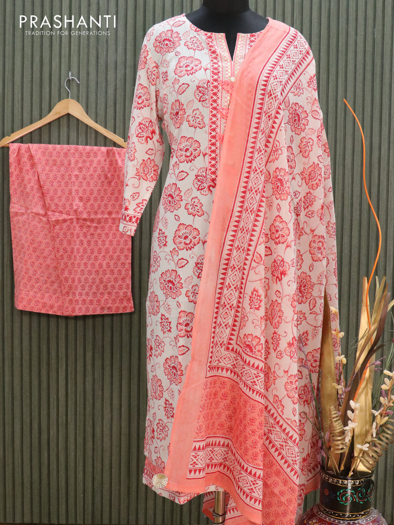 Cotton readymade kurti off white and peach orange with allover prints & embroidery neck pattern and straight cut pant & dupatta