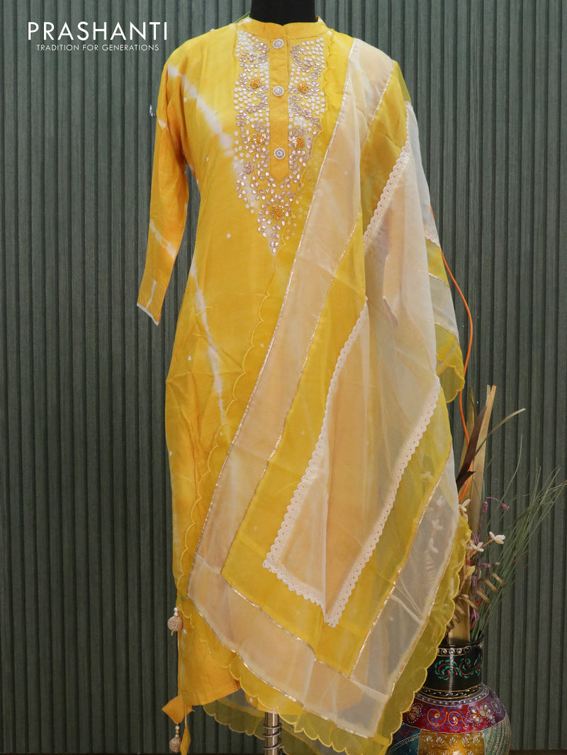 Muslin readymade kurti yellow with beaded & embroided neck pattern and croatia lace work dupatta