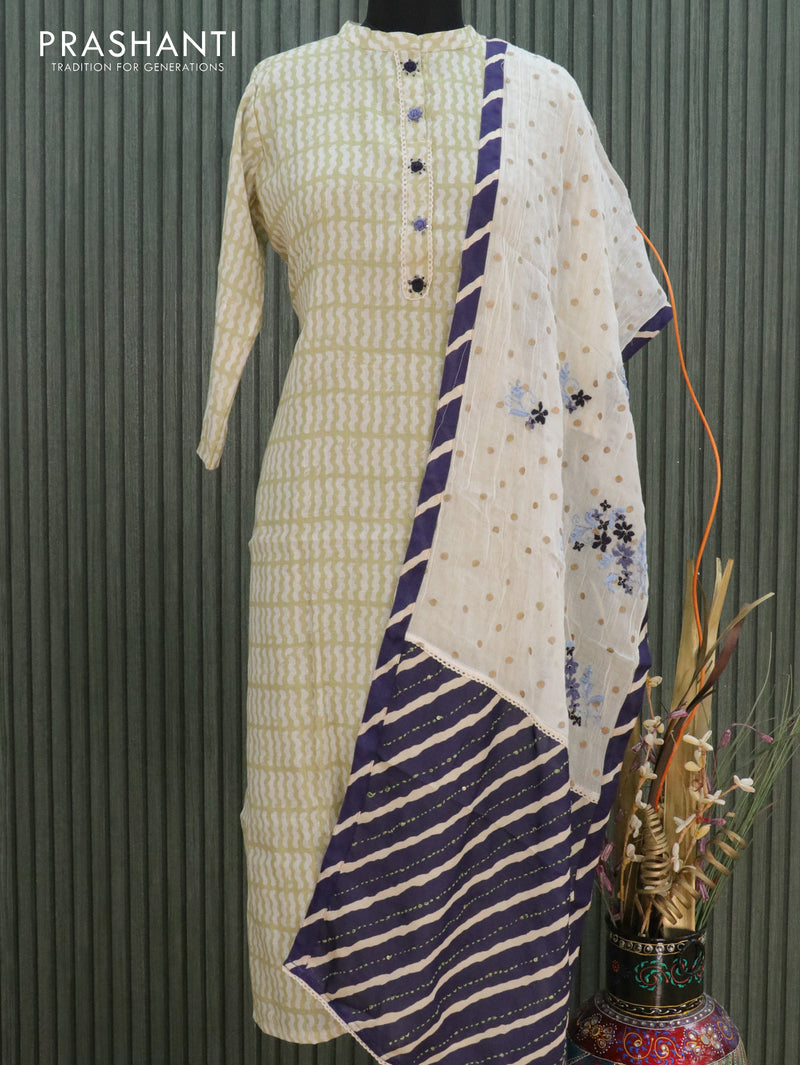 Cotton readymade kurti light green and off white with allover prints & embroided neck pattern and embroided & satin dupatta